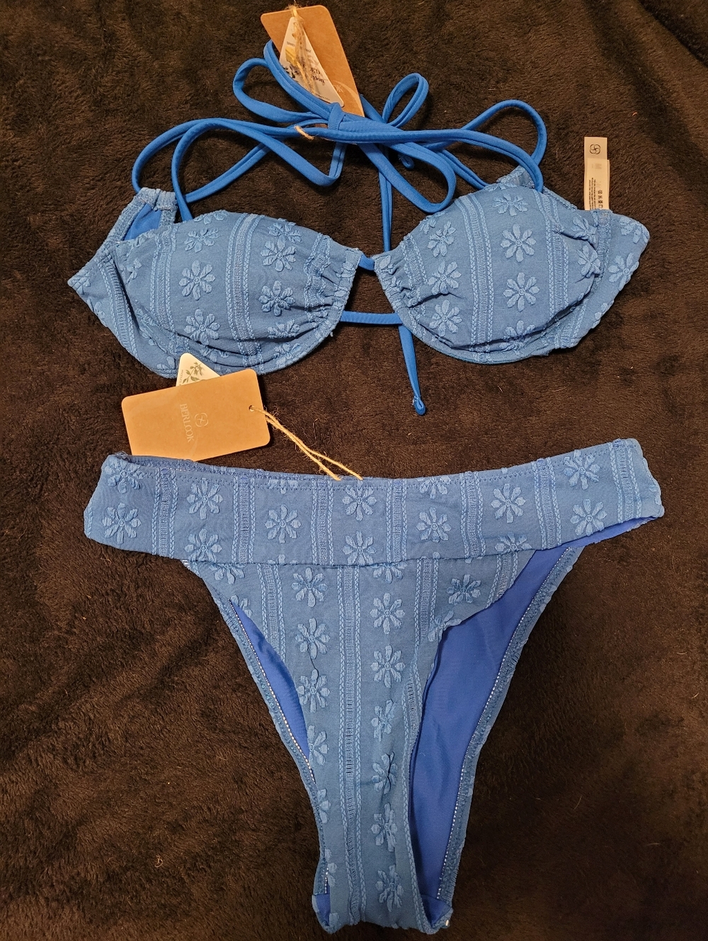Blue Floral Embossed Bikini Set - Women's Swim